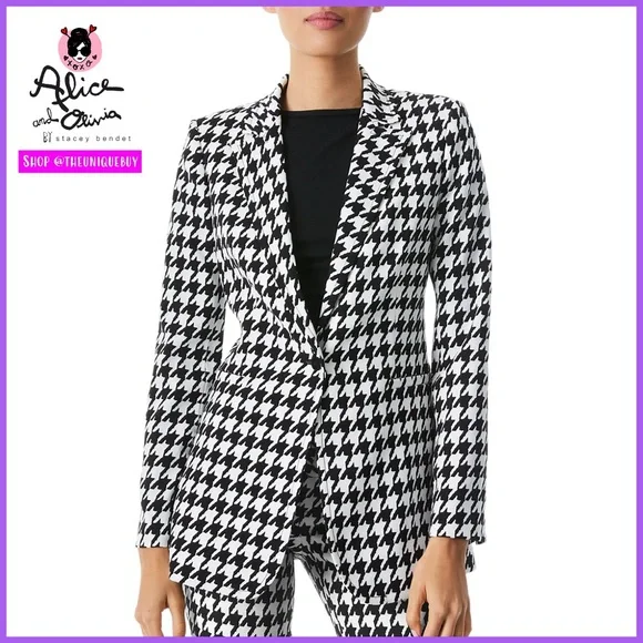 Alice + Olivia Breann Houndstooth Black White Fitted Blazer Jacket - Picture 6 of 17